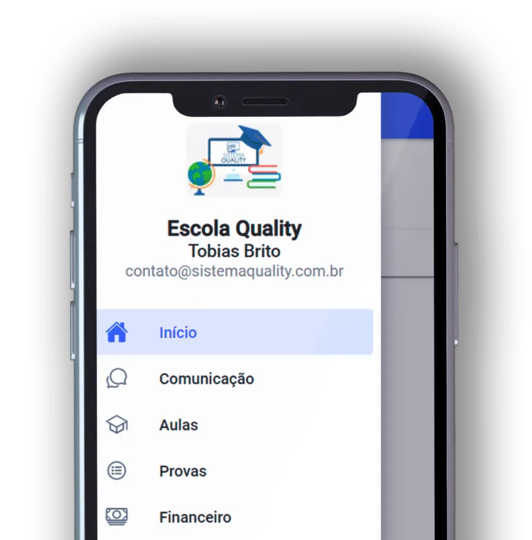Aplicativo para escolas do Sistema Quality aberto no celular